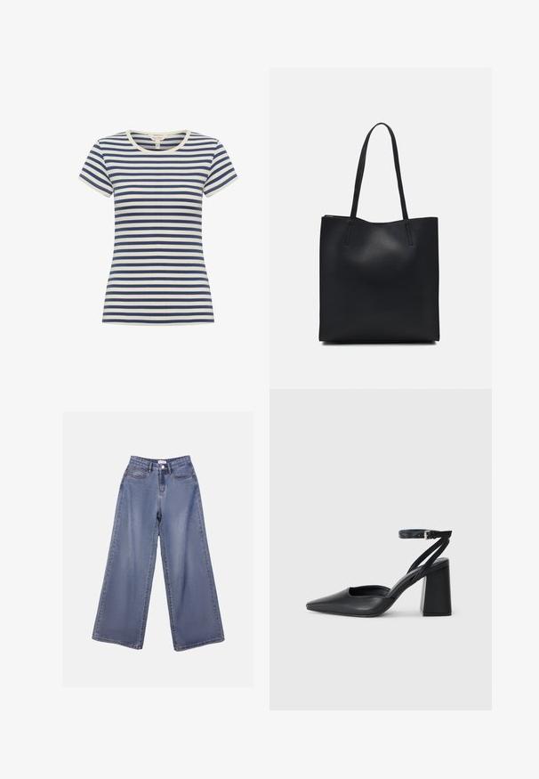 Raidallinen t-paita tummansinisestä ja kermanvärisestä, lyhyet hihat, pyöreä pääntie, pehmeästä materiaalista, istuva muoto ja kontrastiväriset raidat.; Vaaleansinisiä leveälahkeisia farkkuja, joissa on korkea vyötärö, etutaskut ja nappisuljenta vyölenkeillä.; Mustat nahkakengät, joissa on kapea kärki, nilkkaremmi ja paksu korko. Tasainen pinta, tyylikäs muotoilu ja minimalistinen estetiikka.; Mustapahkainen kangaskassi, jossa on sileä pinta, suorakaiteen muotoinen ja kaksi pitkää kahvaa. Ei näkyvää metalliosaa tai koristeita.