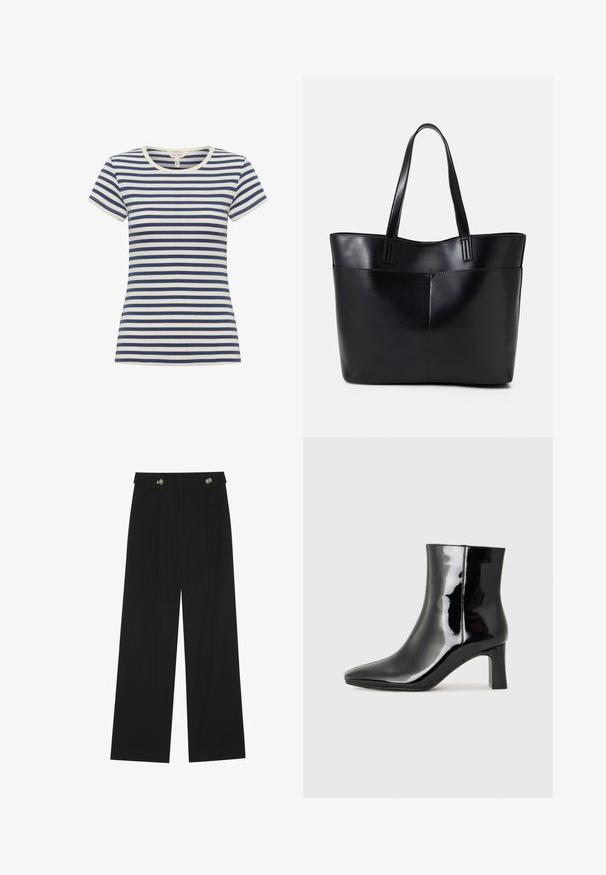 Camiseta a rayas en azul marino y crema, de manga corta, con escote redondo, hecha de un material suave con una forma ajustada y rayas en contraste.; Pantalones de pierna ancha negros con cintura alta, detalles de botones en la cinturilla y pliegues en la parte delantera.; Botín de charol negro con punta afilada y un tacón de bloque de altura media. Textura suave y diseño minimalista.; Bolso tote de cuero negro con dos asas largas, textura suave y forma estructurada. Cuenta con un bolsillo frontal para almacenamiento adicional.