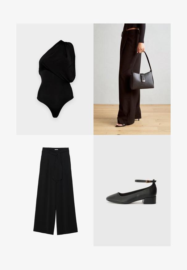 Juodas vieno peties bodis, pagamintas iš lygaus medžiagos, pasižymintis suknele primenančiu dizainu ir prigludusia siluetu su aukštu iškirpimu.; Juoda plačių kojų kelnės, pagamintos iš tekstūruoto audinio, su elastingu juosmeniu ir atsegamu diržu juosmenyje, leidžiančiu reguliuoti dydį.; Juodas odinis aukštakulnis batelis su smailiu pirštu ir žemu bloku. Su kulkšnies dirželiu su auksinės spalvos sagtimi. Lygus paviršius.; Juodas rankinė struktūrizuota forma, lygi tekstūra ir metalinis užsegimas. Suporuota su plačiomis juodomis kelnėmis ir atvirais bateliais ant medinių grindų.