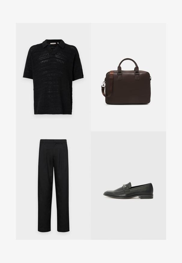 Zwarte polo met korte mouwen van een textuur met open breinaalden. Heeft een V-hals en is gemaakt van een zachte, geweven stof. Minimalistische en ademende stijl.; Zwarte broeken van gladde stof, met een recht model, twee voorknikken en een standaard tailleband met riemlussen.; Zwarte leren instapper met een gladde afwerking, voorzien van een gestikt ontwerp en een decoratieve metalen kettingaccent over de wreef. Platte hak.; Bruine leren laptoptas met een gevarieerde textuur, dubbele handvaten aan de bovenkant, verstelbare schouderriem en twee voorste gespen voor extra detail.