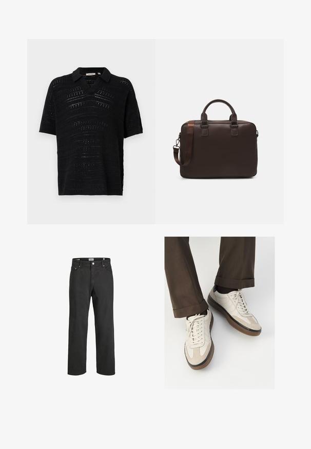 Svart kortärmad polotröja med en texturerad, öppen stickdesign. Har en V-ringning och är tillverkad av ett mjukt, vävt tyg. Minimalistisk och andningsbar stil.; Svarta rak benen jeans i bomull, med en klassisk femfickorsdesign, knappstängning och subtila sömnadsdetaljer.; Beige sneakers med en texturerad mockafront, släta lädersidor och en brun gummisula. Snörning och ljusa sömdetaljer ingår.; Brun läder laptopväska med en texturerad yta, dubbla handtag ovanpå, justerbar rem och två frambucklar för extra detaljer.