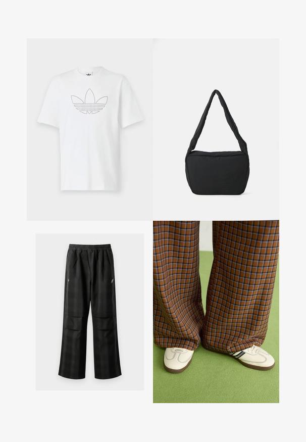 Balta medvilninė marškinėlių su trumpomis rankovėmis, su juodu taškinio kontūro trefoil logotipu priekyje. Apvalus iškirpimas.; Juodos languotos kelnės su elastingu juosmeniu, dviem priekinėmis kišenėmis ir laisvu tiesiu kirpimu. Pagamintos iš lengvos medžiagos.; Rudos ir mėlynos langelinės plačios kelnės, derinamos su baltais batais su juodais akcentais ir tekstūruotais padais, prieš žalią foną.; Juodas pečių krepšys su paminkštinta tekstūra, apvalia forma ir plačia juostele, su iškilminiu logotipu priekyje.