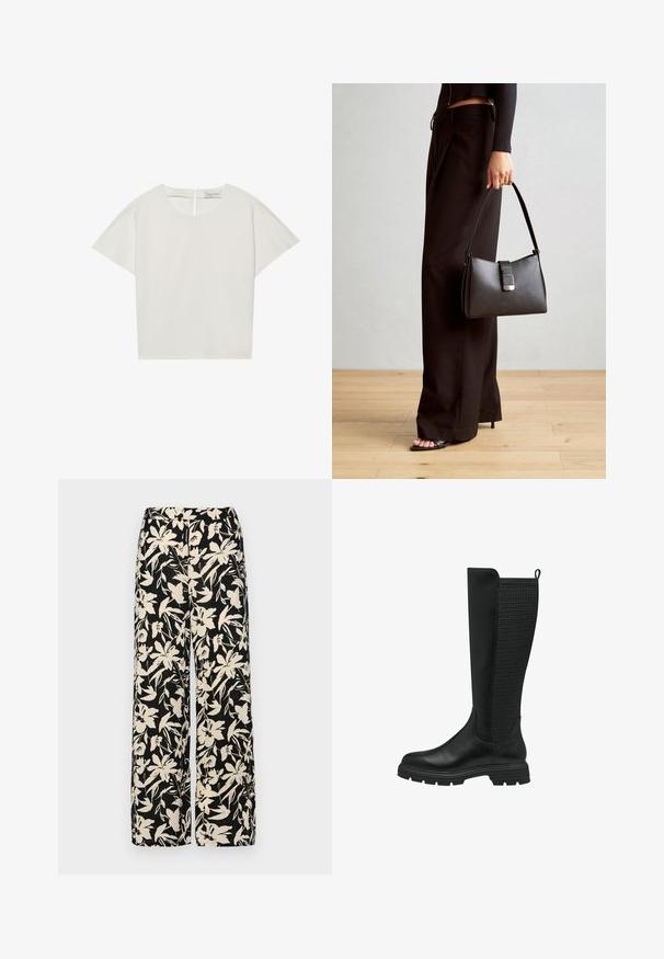 Krátký rukáv, krémový top s lodním výstřihem, s zipem na zádech a mírně volným střihem. Látka má hladký, matný povrch.; Černé kalhoty s širokými nohavicemi a krémovým květinovým vzorem. Vyrobené z lehké tkaniny, s hladkým povrchem a vysokým pasem.; Černé kozačky až po kolena s hladkou koženou špičkou a strukturovanou síťovinou na zadní straně, s gumovou podrážkou a poutkem pro snadné obouvání.; Černá kabelka se strukturovaným tvarem, hladkým povrchem a kovovým uzávěrem. Kombinována s širokými černými kalhotami a sandály s otevřenou špičkou na dřevěné podlaze.