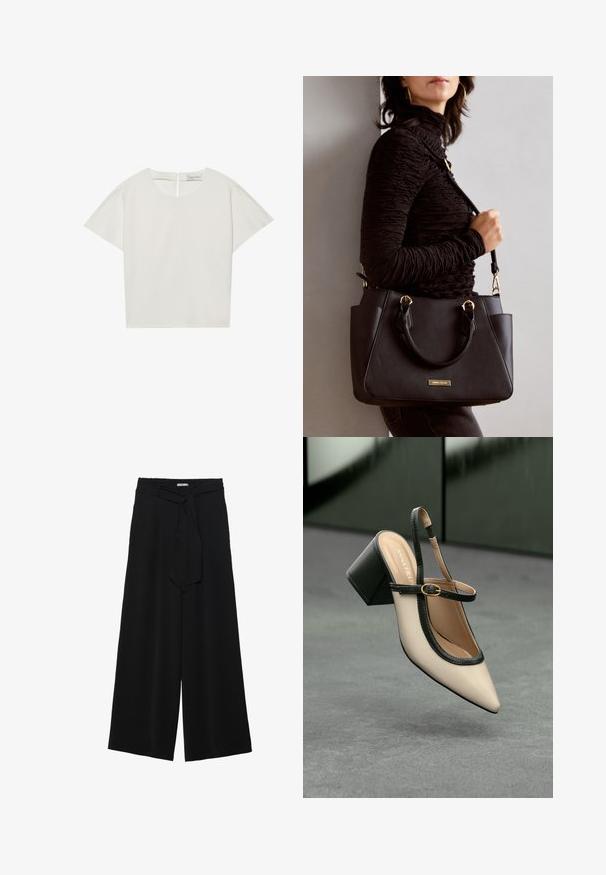 Top a maniche corte in crema con scollo a barca, dotato di cerniera posteriore e vestibilità leggermente ampia. Il tessuto ha una consistenza liscia e opaca.; Pantaloni neri a gamba larga caratterizzati da un tessuto testurizzato, una vita elastica e una cintura staccabile per una vestibilità regolabile.; Scarpa slingback beige con tacco alto, punta appuntita, rifinitura nera e dettaglio con fibbia. Materiale liscio con finitura opaca, tacco a blocco medio.; Borsa nera con superficie texturizzata, manici superiori doppi e tracolla regolabile. Dotata di hardware color oro e tasche laterali.