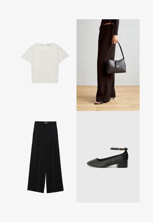 Šī ir īsām piedurknēm, krēmkrāsas blūze ar kuģa kakla izgriezumu, ar aizmugurēju rāvējslēdzēju un nedaudz brīvu piegriezumu. Audums ir gluds, matēts.; Melni platleņķa bikses ar teksturētu audumu, elastīgu jostu un noņemamu siksnu viduklī, kas nodrošina regulējamu piegulšanu.; Melnas ādas sūkņi ar smailu purngalu un zemu bloku papēdi. Iezīmēts ar potītes siksniņu ar zelta krāsas sprādzi. Gluda tekstūra.; Melnā somiņa ar strukturētu formu, gludu tekstūru un metālu sprādzi. Saskaņota ar platām melnām biksēm un sandālēm ar atvērtu purngalu uz koka grīdas.