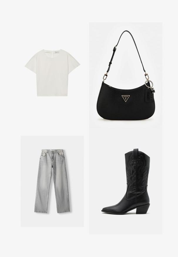Krótki rękaw, kremowa bluzka z dekoltem łódką, z zapięciem na plecach i lekko luźnym krojem. Materiał ma gładką, matową fakturę.; Jasnoszare dżinsy z prostymi nogawkami, wyposażone w dwie przednie kieszenie, z zapięciem na guzik i delikatnym przyciemnieniem dla uzyskania tekstury.; Czarne skórzane kowbojki z szpiczastym noskiem, z embosowanymi spiralnymi wzorami i średnim obcasem. Posiadają pętelkę do łatwego zakładania.; Czarna syntetyczna torba na ramię o zaokrąglonym kształcie, z teksturowanym wykończeniem, złotym logo w kształcie trójkąta i odczepianymi akcentami ze sprzętu.