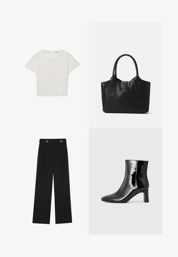 Short-sleeve, cream top with a boat neckline, featuring a back zipper and a slightly loose fit. Fabric has a smooth, matte texture.; Black wide-leg trousers with high waist, button details on waistband, and front pleats.; Black patent leather ankle boot with a pointed toe and a mid-height block heel. Smooth texture and minimalist design.; Black leather tote bag with smooth texture, structured shape, two handles, and a prominent silver buckle detail on the front.
