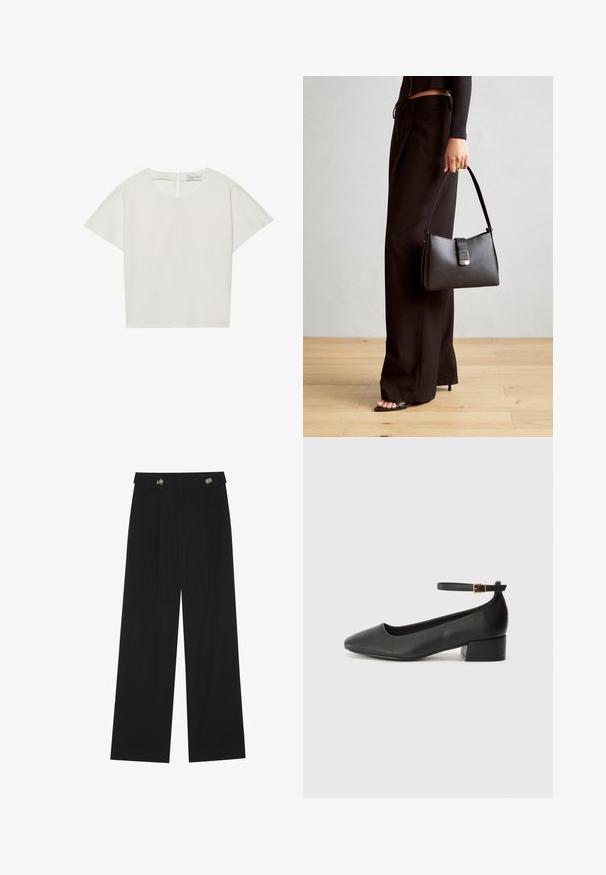 Trumpetinio kirpimo, grietinėlės spalvos marškinėliai trumpomis rankovėmis su plačiu iškirpimu, nugarinėje dalyje turi užtrauktuką bei šiek tiek laisvą siluetą. Audinys turi glotnų, matinius tekstūrą.; Juodi plačios kojos kelnės su aukštu liemeniu, sagų detalėmis ant liemens ir priekinėmis raukšlėmis.; Juodas odinis aukštakulnis batelis su smailiu pirštu ir žemu bloku. Su kulkšnies dirželiu su auksinės spalvos sagtimi. Lygus paviršius.; Juodas rankinė struktūrizuota forma, lygi tekstūra ir metalinis užsegimas. Suporuota su plačiomis juodomis kelnėmis ir atvirais bateliais ant medinių grindų.