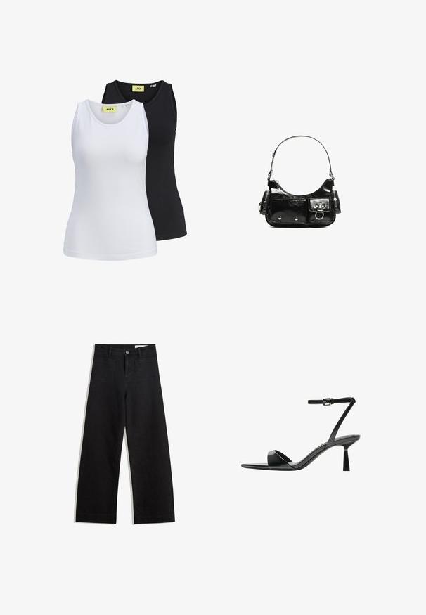 Dve bezrukávové tielka v bielej a čiernej farbe, vyrobené z hladkého materiálu. Každé má okrúhly výstrih a viditeľnú značkovú etiketu v neonovej žltej farbe.; Čierne denimové nohavice s širokými nohavicami a vysokým pásom, so prednými a zadnými vreckami, šitými švami a zapínaním na gombík. Hladká textúra.; Bershka Sandále na vysokom opätku - black; Čierna laková kožená kabelka s ohnutým tvarom, jedným ramenným popruhom, prednými vreckami a striebornými kovovými doplnkami.