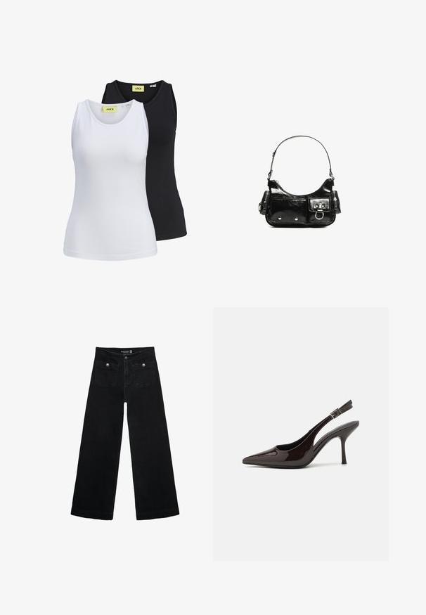 Dvě bezramínkové tílka v bílé a černé barvě, vyrobená z hladkého materiálu. Každé má kulatý výstřih a viditelnou značkovou etiketu v neonově žluté barvě.; Černé široké džíny s vysokým pasem, obsahující dvě přední kapsy a kovové knoflíkové detaily. Látka má hladkou texturu.; Slingback lodičky na vysokém podpatku z lesklé tmavě hnědé lakované kůže, s špičatou špičkou, otevřenými stranami a nastavitelným páskem kolem kotníku.; Černá lakovaná kožená kabelka s křivkovým tvarem, jedním ramenním popruhem, předními kapsami a stříbrnými kovovými detaily.
