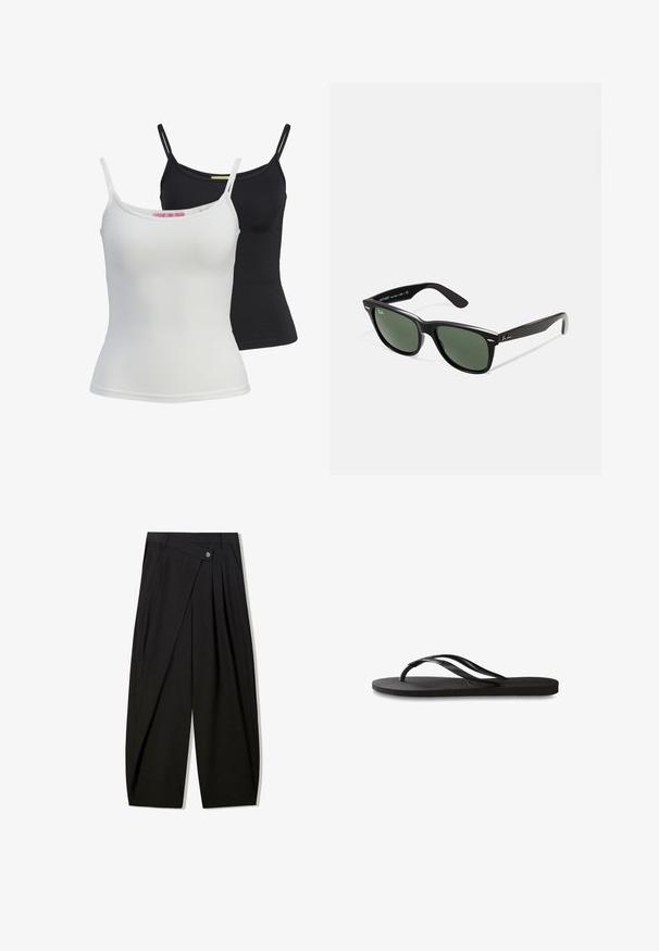 Dva osnovna majica bez rukava u crnoj i bijeloj boji, izrađena od glatkog, rastezljivog materijala. Ima tanke naramenice i jednostavan, prilagođeni dizajn.; Crne hlače širokih nogavica izrađene od gladkog materijala, s prednjim plitkim nabranjima, zatvaranjem na gumb i krojem koji osigurava strukturiranu siluetu.; Crne japanke s teksturiranom gumenenom potplatom, dva uska remena i suptilnim, urezanim logom na remenu.; Crne plastične sunčane naočale s zelenim staklima, kvadratni okviri, srebrni naglasak na obrvi i teksturirane ručke. Naziv brenda naveden na unutrašnjoj strani ručke.