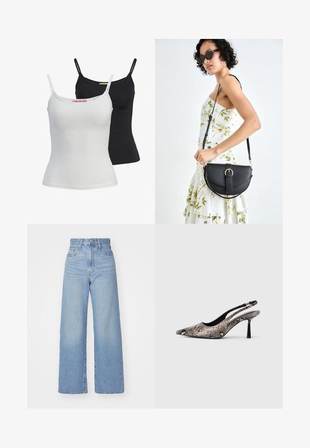 Divi pamata tanki melnā un baltā krāsā, izgatavoti no gluda, stiepjama auduma. Iekļauj plānas siksnas un vienkāršu, pieguļošu dizainu.; Gaiši zili augstās jostas vidukļa platās bikses ar priekšējo pogu un rāvējslēdzēju, priekšējām un aizmugurējām kabatām uz baltā fona.; Punktēti purngalu slingback apavi, kas izgatavoti no teksturētas čūsku drukas materiāla, ar plānu melnu papēdi un izgriezumu dizainu sānos.; Melnas ādas rokassoma ar izliekta formu, noņemamu siksnu un zelta aksesuāriem. Somai ir vāciņš ar sprādzes detaļu.