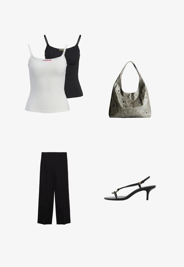 Dvě základní tílka v černé a bílé barvě, vyrobená z hladké, elastické látky. Mají tenké ramínka a jednoduchý, přiléhavý střih.; Černé široké kalhoty s hladkým materiálem, s plisováním v přední části a bočními kapsami, navržené s rovný, uvolněný střih.; Černé kožené sandály na kotníkovém podpatku s tenkými pásky, zlatou sponou a minimalistickým provlečením na prstech na bílém pozadí.; Olivově zelená kožená kabelka s uvolněným designem, která má kulaté výřezy různých velikostí a akcenty v tmavších a světlejších odstínech.