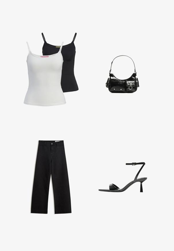 Dve základné tielka v čiernej a bielej farbe, vyrobené z hladkej elastickej látky. Majú tenké ramienka a jednoduchý, priliehavý strih.; Čierne denimové nohavice s širokými nohavicami a vysokým pásom, so prednými a zadnými vreckami, šitými švami a zapínaním na gombík. Hladká textúra.; Bershka Sandále na vysokom opätku - black; Čierna laková kožená kabelka s ohnutým tvarom, jedným ramenným popruhom, prednými vreckami a striebornými kovovými doplnkami.