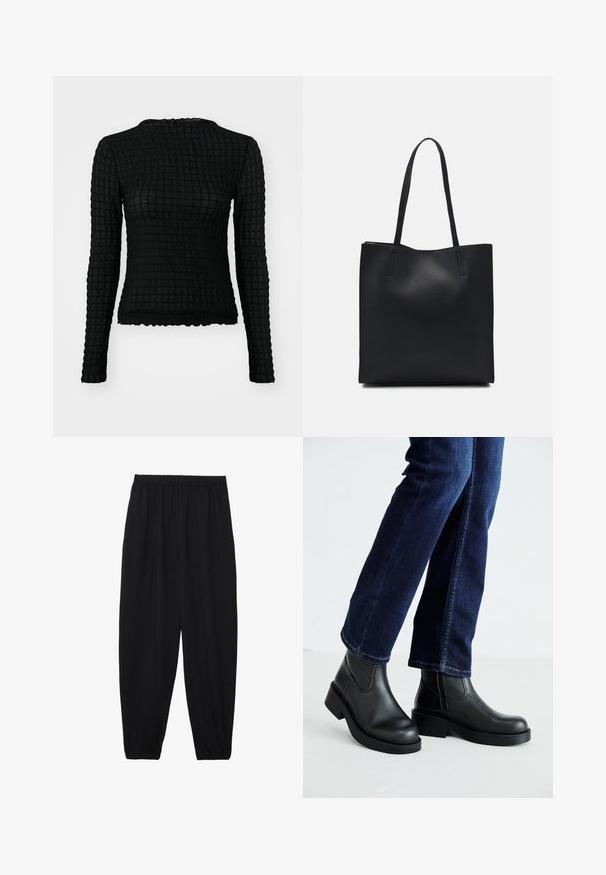Čierny top s dlhým rukávom s textúrovaným mriežkovým vzorom, priliehavý strih, volánovým lemom a zaobleným výstrihom. Ľahký materiál, mierne priesvitný.; Čierne, ľahké nohavice s elastickým pásom a zúženými nohavicami. Tkanina je hladká a má voľný, zúžený strih.; Čierne kožené členkové čižmy s robustnou podrážkou a bočnými elastickými panelmi, skombinované s tmavomodrými džínami. Pôda je svetlá.; Čierna kožená taška na rameno s hladkým povrchom, obdĺžnikovým tvarom a dvoma dlhými uchami. Bez viditeľného kovania alebo ozdôb.