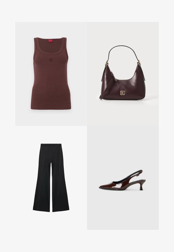Top senza maniche marrone realizzato in morbido tessuto, con scollatura rotonda e logo 'HUGO' ricamato in modo discreto sul davanti.; Pantaloni neri a gamba larga con una texture liscia, caratterizzati da pieghe frontali e un design sartoriale. Il tessuto è leggero e fluido.; Scarpa slingback in pelle verniciata marrone con punta affusolata e tacco moderato. Presenta una fascia con fibbia per una calzata sicura. Tessuto liscio.; Borse in pelle borgogna con forma curva, dettagli in oro sull'hardware e chiusura con cerniera. Presenta una tracolla staccabile.