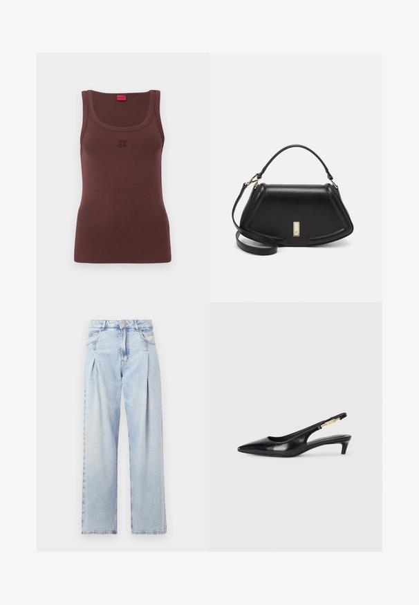 Hnědý bezrukávový top z jemného materiálu, s kulatým výstřihem a jemně vyšívaným logem "HUGO" na přední straně.; Světlé modré džíny z denimu s vysokým pasem, širokým střihem, dvěma bočními kapsami a nařaseným designem. Měkká textura s vybledlým povrchem.; Černé kožené boty na podpatku s otevřenou patou a špičatou špičkou, s tenkým podpatkem a zlatým akcentem na nastavitelném pásku. Hladký povrch.; Černá kožená kabelka se strukturovaným designem, jejíž tvar je zkrácený, má horní rukojeť a zlaté kovové detaily. Součástí je i nastavitelný ramenní popruh.