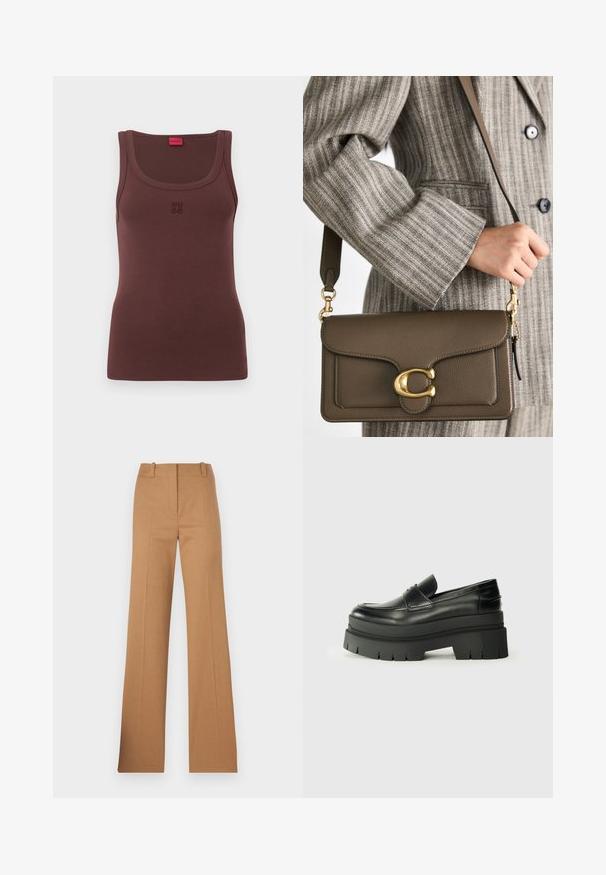 Brūns bezpiedurkņu topiņš izgatavots no mīksta auduma, ar apaļu kakla izgriezumu un diskrētu izšūtu "HUGO" logotipu priekšpusē.; HUGO HULANA - Chinos tipa bikses - open brown; Melnas ādas loafers ar masīvu platformas zoli. Noapaļota purngala forma, priekšējā šuvju detaļa un smalki šuvju akcenti. Plakana, teksturēta zole.; COACH TABBY SHOULDER BAG 26 - Rokassoma - dark stone