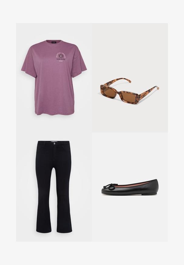 Lila bomulls t-shirt med korta ärmar, lös passform. Har frontgrafik med text och design som representerar en solförmörkelse.; ONLY Carmakoma CARTHUNDER PUSH UP - Flared jeans - black denim; Svart läderskon i balettstil med rund tå, prydd med en dekorativ rosett och slät yta. Minimalistisk design med en låg, platt sula.; Sköldpaddsmönstrade solglasögon med rektangulära bruna linser, en tjock ram och smala bågar som har ett mönster av varierande nyanser av brunt.; Silverfärgade hoopörhängen med en slät, polerad yta. Rund form och säker klickstängning. Lättviktig design som passar för vardagligt bruk.