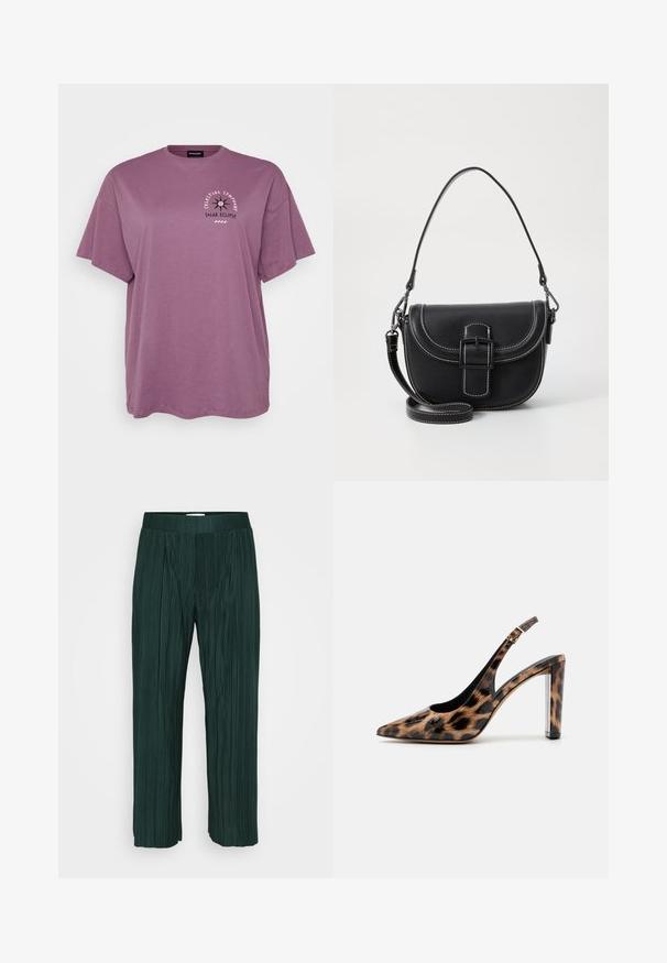 Maglietta di cotone viola con maniche corte, taglio morbido. Presenta una grafica anteriore con testo e design che rappresentano un'eclissi solare.; Pantaloni ampi a pieghe di un verde scuro con vita elasticizzata, mostrati su uno sfondo bianco semplice.; Décolleté con stampa leopardata, dotato di cinturino alla caviglia e tacco a blocco trasparente. Realizzato in materiale lucido con una superficie morbida.; Borsa a spalla nera in pelle con un design curvo, chiusura a fibbia prominente e dettagli di cucitura bianca. Inclusa tracolla regolabile.; Orecchini a cerchio in oro con una finitura liscia e lucida. Design circolare con un piccolo perno e una chiusura trasparente per un indosso sicuro.