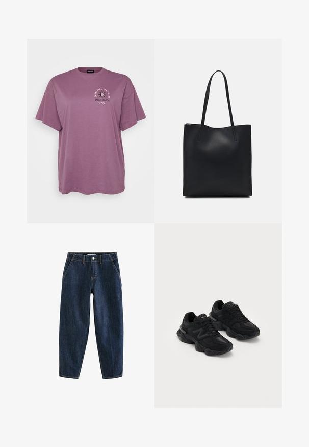 Fialové bavlnené tričko s krátkymi rukávmi, vo voľnom strihu. Obsahuje predný grafický text a dizajn znázorňujúci slnečné zatmenie.; Tmavomodré džínsové nohavice s voľným strihom, obsahujúce päť vreciek, pútka na opasok a kontrastné žlté prešitie. Čistá, textúrovaná tkanina.; Čierne športové topánky s textúrovaným zvrškom, s výrazným logom "N", polstrovanou podrážkou a elegantným, moderným siluetom.; Čierna kožená taška na rameno s hladkým povrchom, obdĺžnikovým tvarom a dvoma dlhými uchami. Bez viditeľného kovania alebo ozdôb.