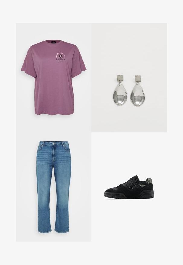 Camiseta de algodón morada con mangas cortas, de corte holgado. Presenta un gráfico en el frente con texto y un diseño que representa un eclipse solar.; Jeans de mezclilla de color azul claro con un diseño de pierna recta, que cuentan con cinco bolsillos, pasadores para cinturón y un ligero desgaste en la parte delantera.; Zapatilla negra de perfil bajo con suela texturizada, diseño de cordones, paneles de gamuza y acentos con patrón en el talón y el logo lateral.; Pendientes de gota de plata con un arete cuadrado, presentando un acabado suave y pulido en forma de lágrima, que refleja la luz con una superficie brillante.