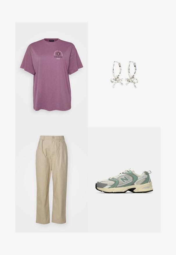 Vijolična bombažna majica s kratkimi rokavi, ohlapnega kroja. Ima sprednji grafični napis in obliko, ki predstavljata sončev mrk.; Bež hlače iz bombaža, z udobnim fitom, sprednjimi gubami, enojnim gumbom za zapiranje in ravnimi hlačnicami z zašitim robom.; Beli in svetlo zeleni športni copat New Balance iz mrežaste tkanine, s bež podplatom in črnim profilom, prikazan s strani na enobarvni podlagi.; Srebrni uhani v obliki obroča z obliko pentlje, z gladko površino in poliranim teksturo. Kompaktna, minimalistična zasnova primerna za različne priložnosti.