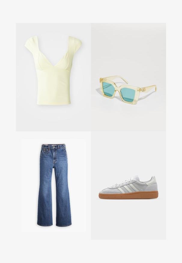 Sárga, testhezálló felső mély V-nyakkal, rövid kisujjakkal és sima textúrával. A varrás részletek kiemelik a test vonalait.; Magas derekú kék farmernadrág, széles lábakkal, elülső zsebbel, sárgaréz gombos zárással és eltérő színű varrással.; Világosszürke velúr sportcipő fehér bőrcsíkkal, három fehér csíkkal és barna gumitalppal, párnázott bokarésszel a kényelem érdekében.; Sárga átlátszó napszemüveg, türkiz lencsékkel, négyzet alakú, és jellegzetes, ferdén elhelyezett szárdizájnnal, amely gravírozott részletekkel rendelkezik.