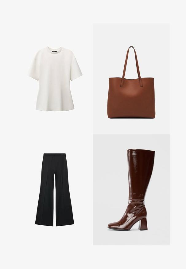 Mango AVA - Basic T-shirt - white; Black wide-leg pants with a smooth texture, featuring front pleats and a tailored design. The fabric is lightweight and flowy.; Knee-high brown patent leather boots with a square toe, glossy finish, and a chunky heel for stability. Seamless design with no visible hardware.; Brown leather tote bag with a smooth texture, open top design, and two shoulder straps. Features minimal stitching and no visible hardware.