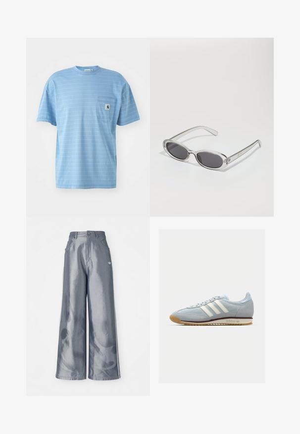 Lichtblauw, T-shirt met korte mouwen en horizontale strepen. Beschikt over een borstzak met een logo patch. Gemaakt van zachte katoen.; Zijde-brede broek van glanzend grijs materiaal, met witte zijstreep en een vlampatroon op de onderbenen. Knopen- en ritssluiting in de taille.; Lichtblauwe suède sneakers met witte drie streepen, rubberen zool en textuur-mesh. Voorzien van een gladde neuskap en branding op de hak.; Zonnebril met een ovale vorm, helder plastic montuur, donkergrijze glazen en dunne transparante pootjes met logo-accenten en minimale details.