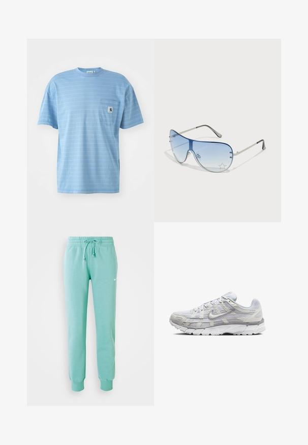 Světle modré tričko s krátkým rukávem a vodorovnými pruhy. Obsahuje náprsní kapsu s logem. Vyrobeno z měkké bavlny.; Mátově zelené tepláky s elastickým pasem, stahovací šňůrkou a žebrovanými manžetami. Obsahují malé bílé logo Nike na levém stehně.; Světle šedé sportovní boty s vrchní částí z síťoviny a syntetického materiálu, vybavené šněrováním, polstrovaným límcem a texturovanou podrážkou pro lepší přilnavost.; Pilotské sluneční brýle s modrými gradientními skly, stříbrným kovovým rámem a dekorativními hvězdnými akcenty na sklech. Hladký a elegantní design.