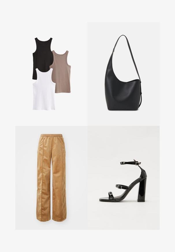 Kolme hihaton toppia mustana, valkoisena ja taupen värisenä. Jokaisessa on ribatumpinta, pyöreä kaula-aukko ja ei koristeita.; Vaaleat leveät housut, jotka on valmistettu pehmeästä, samettimaisesta materiaalista. Varustettu joustavalla vyötärönauhalla ja pystysuorilla saumoilla etuosassa lisäyksityiskohtia varten.; Musta kiiltävä korkokenkä sandaalit neliönmuotoisella varpaalla, nilkkaremmillä ja hopeisilla soljilla. Varustettu tukevalla lohkokorkealla vakauden takaamiseksi.; Musta nahkainen hobo-laukku, jossa on sileä pinta, kaareva muoto ja yksi säädettävä olkahihna; sisäänkäynti on leveä ylhäältä.