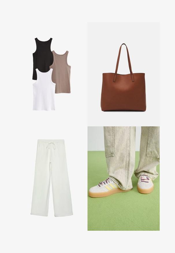 Tričko bez rukávov v čiernej, bielej a taupe farbe. Každé má rebrovanú textúru, okrúhly výstrih a nemá žiadne ozdoby.; Biele nohavice s širokými nohavicami vyrobené z mäkkej tkaniny. Majú elastický pás s šnúrkou a hladký povrch. Žiadne viditeľné vzory ani kovania.; Tenisky majú svetlošedý velúrový zvršok, tri žlté pruhy a mnohofarebné šnúrky. Gumená podrážka pre vyššiu priľnavosť. Nosia sa so svetlo khaki nohavicami.; Hnedá kožená taška na rameno s hladkou textúrou, otvoreným vrchom a dvoma ramenými popruhmi. Má minimálne šitia a žiadne viditeľné kovania.