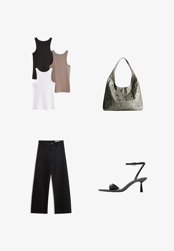Trei maiouri în culorile negru, alb și taupe. Fiecare are o textură cu caneluri, decolteu rotund și fără broderii.; Pantaloni din denim negri cu picioare largi, cu talie înaltă, având buzunare frontale și posterioare, cusături dublate și închidere cu nasture. Textură netedă.; Bershka Sandale cu toc - black; Geantă din piele de culoare verde măslin, cu un design relaxat, având decupaje circulare de diverse dimensiuni și accente în nuanțe mai închise și mai clare.