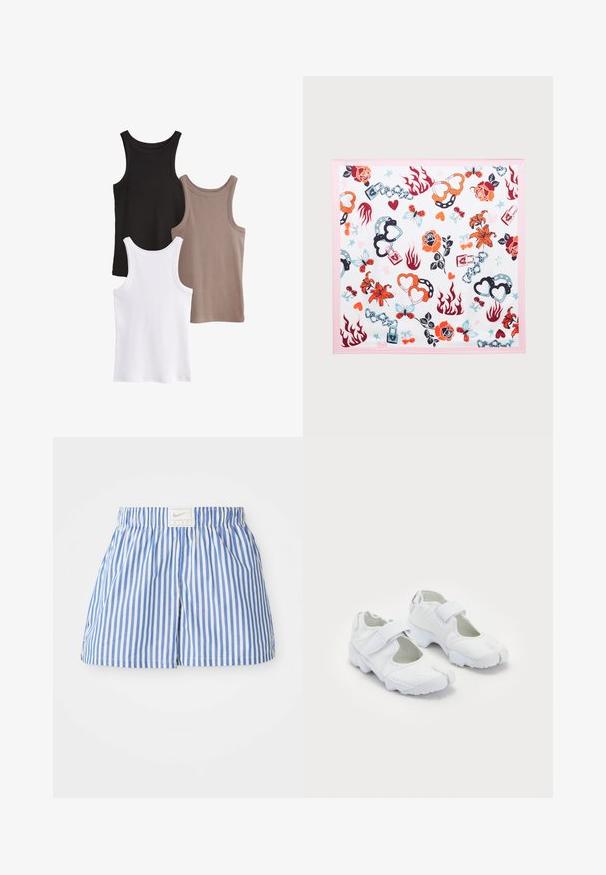 Három ujjatlan póló fekete, fehér és taupe színben. Mindegyik bordázott textúrájú, kerek nyakkivágású, és díszítések nélküli.; Kék és fehér csíkos nadrág rövid fazonban, elasztikus derékkal, a Nike logóját tartalmazó címkével. Könnyű anyagból készült, sima tapintással.; Fehér sportcipők, amelyek texturált felsőrésszel, állítható tépőzárral, lekerekített orrral és jellegzetes mintázatú vastag talppal rendelkeznek.; Selyem sál, fehér háttérrel és rózsaszín szegéllyel, amely változatos színekben szív, virág, lánc, pillangó és láng mintákat tartalmaz.; Sárga bőr válltáska V alakú dizájnnal, sima textúrával, cipzáros záródással és láncos díszítésű pánttal.