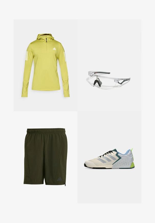 Svetlo zelena dolga majica s kapuco in polovičnim zadrgo, z belimi črtami na rokavih in logotipom na prsih. Teksturna raztegljiva tkanina.; adidas Performance Športne kratke hlače - night cargo; Lahki atletski čevlji z zgornjim delom iz kremaste mreže, sivimi črtami, zelenim poudarkom in teksturiranim modrim petnim delom. Črni vezalke.; Prozorni zaščitni očala z lahkim, prozornim okvirjem in sivo obrobo. Imajo zasnovo, ki se ovija okoli oči, ter nastavljiv nosni del.