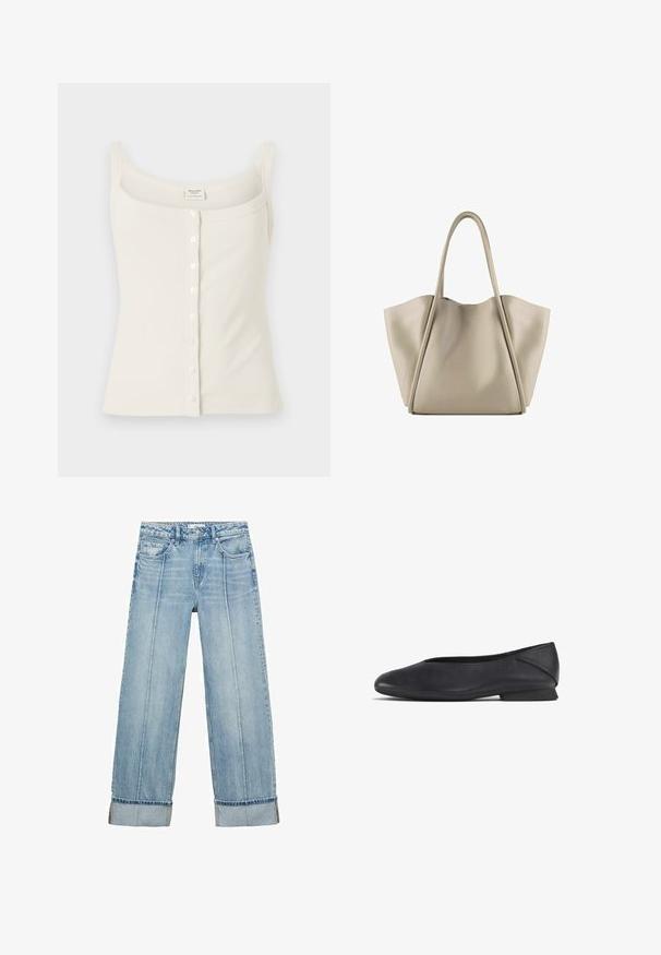 Crème-kleurige geribbelde tanktop met verstelbare spaghettibandjes, sluiting met knopen aan de voorkant en een gladde textuur. Het label bevindt zich aan de binnenkant.; Lichtblauwe denim wijde jeans met een hoge taille, voorzien van vijf zakken, zichtbare stiksels en opgerolde zomen bij de manchetten.; Zwarte leren platte schoen met ronde teen en lage hak, ontworpen voor casual of formele gelegenheden.; Beige leren tote bag met een ruime, gestructureerde ontwerp. Heeft twee lange handvatten en subtiele stiksels; geen zichtbare hardware.