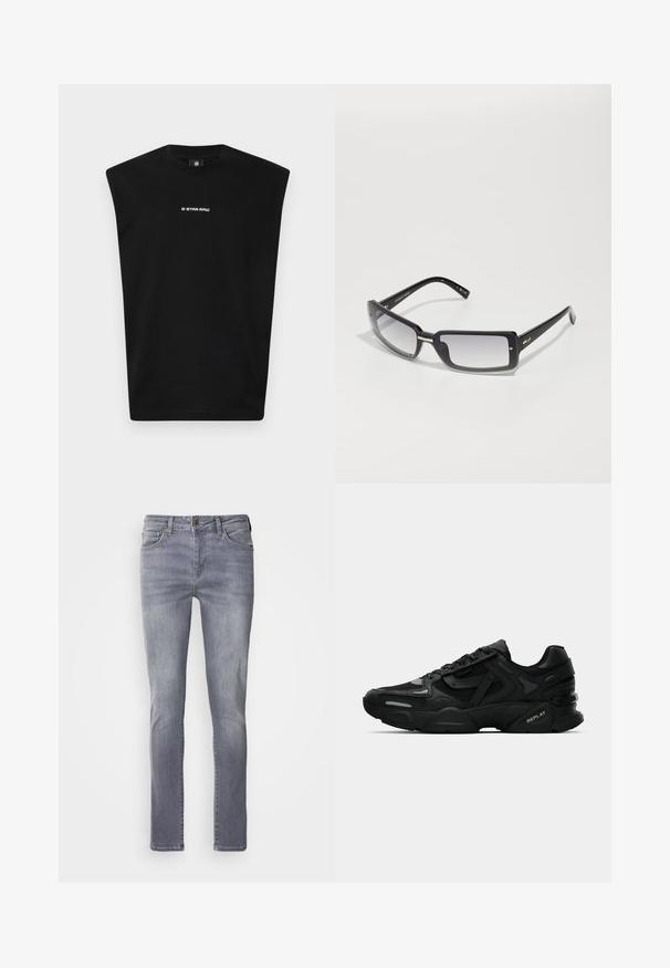 Must hägune t-särk, mis on valmistatud puuvillast, ümmarguse kaelusega ja ette trükitud valge "G-STAR RAW" logoga. Sile tekstuur, vabalt istuv mudel.; Helehallid teksad sirge lõikega, viie taskuga, messingist nööbiga kinnitus ja jalgu pehmelt kulunud välimus.; Mustad mustad spordijalanõud tekstuurse ülemise osaga, peegeldavate detailidega ja pehmendatud tallaga. Sisetald on seotud ja külgedel on brändi logo.; Mustad ristkülikukujulised prillid gradient objektiividega, pakse raami ja metallist aktsentdetailidega varrukatel. Ühtlane tekstuur kogu ulatuses.