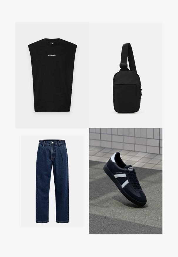 Must hägune t-särk, mis on valmistatud puuvillast, ümmarguse kaelusega ja ette trükitud valge "G-STAR RAW" logoga. Sile tekstuur, vabalt istuv mudel.; Tumed sinine denimiteksad sirge lõikega. Omavad nähtavat tikandit, nuppe sulgemiseks ning ees olevaid voldikesi lisadetailiks.; Must have musta sneaker musta valgete triipudega, tekstuurne kummitald ja nööridega esiosa. Omab bränditud märki keele peal.; Mustmust crossbody kott mustekangast, millel on üks reguleeritav rihm, lukuga põhiosas ja eesmine tasku.