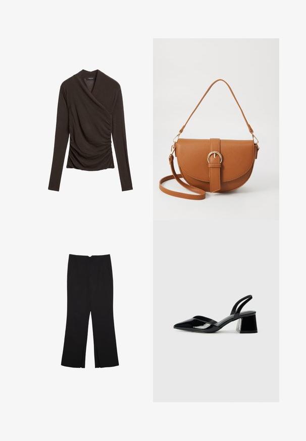 Dunkelbrauner Langarm-Top im Wickelstil mit gerafften Seitendetails und einem sanft fallenden Ausschnitt.; Schwarze Hose mit geradem Schnitt, ausgestattet mit Fronttaschen und Seitenschlitzen am Saum. Hergestellt aus weichem, glattem Stoff. Geeignet für verschiedene Anlässe.; Schwarze Lackleder-Slingback-High Heels mit spitzem Schuh und einem geometrischen Blockabsatz. Verfügt über ein schlankes, minimalistisches Design und eine glatte Textur.; Braune Leder-Crossbody-Tasche mit geschwungener Form, goldfarbenen Beschlägen und einer Schnallenakzentuierung. Verfügt über einen abnehmbaren Schultergurt.