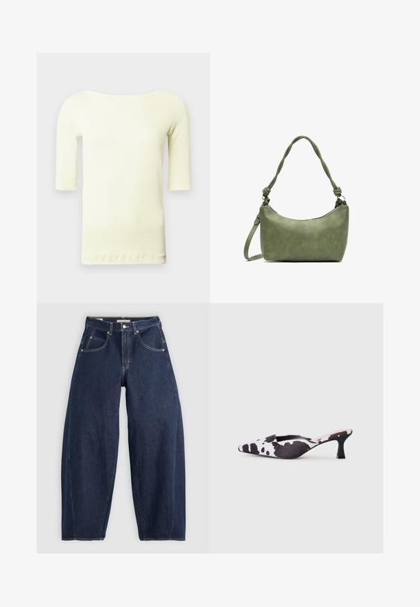 Hele kollane t-särk kaelusega ja kolmveerandvarrukatega. Valmistatud siledast, venivast kangast, millel on sirge ääreosa ja minimaalne detailide hulk.; Tumed sinise denimist teksad, millel on lahtine lõige, heledad õmblused, viis taskut ja nupuga sulgemine vöökohal.; Kitsaste varbaga slingback kontsad musta ja valge lehmatrüki disainiga. Kangas ülemine osa, millel on tekstuuriga viimistlus ja kitsas must konts.; Roheline nahast käekott siledast tekstuurist, kumer kuju ja punutud käepide. Omab lukuga sulgemist ja reguleeritavat rihma.