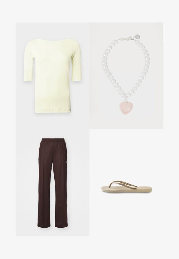 Hellgelbes T-Shirt mit rundem Ausschnitt und dreiviertellangen Ärmeln. Hergestellt aus glattem, elastischem Stoff, mit geradem Saum und minimalen Details.; Braune Sporthose mit einem elastischen Bund, zwei Seitentaschen und einem kleinen Logo auf der linken Seite, gefertigt aus weichem Stoff.; Helle beige Flip-Flops mit strukturiertem Fußbett, flacher Sohle und dünnen, glänzenden Riemen. Mit subtiler Markenkennzeichnung auf dem Riemen.; Halskette mit transparenten runden Perlen, silbernen Beschlägen und einem herzförmigen Anhänger in Pink mit facettierter Oberfläche.