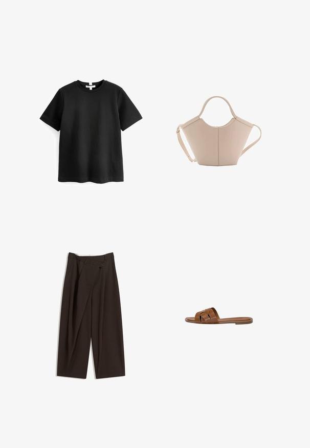 Svart kortärmad t-shirt i mjuk bomull, med rundad halsringning och rak nederkant. Enkel, minimalistisk design utan mönster.; Mörkbruna vida byxor med hög midja, med en enkel knappstängning och plisserad front. Tillverkade av lätt tyg.; Brun lädersandaler med korslagda remmar, platt sula och en jämn textur. Enkel design utan utsmyckningar eller mönster.; Beige läderhandväska med en unik form, med två korta handtag och ett långt justerbart axelband. Slät textur med minimal hårdvara.