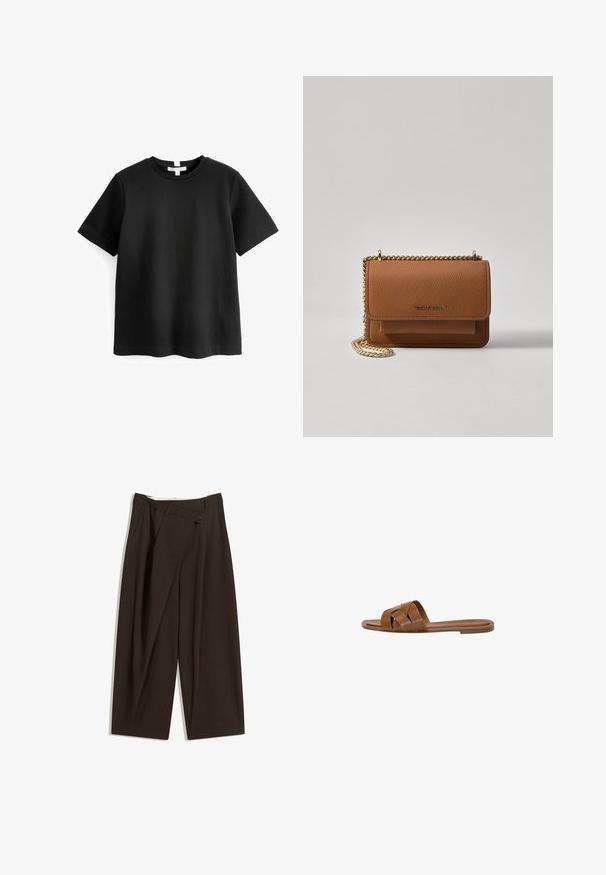 Zwarte korte mouwen t-shirt van soepele katoen, met een ronde hals en een rechte zoom. Eenvoudig, minimaal ontwerp zonder patronen.; Donkere bruin wijde broek met een hoge taille, voorzien van een enkele knoopsluiting en een geplooide voorkant. Gemaakt van lichtgewicht stof.; Bruine leren slide sandaal met gekruiste banden, platte zool en een gladde textuur. Eenvoudig ontwerp zonder versieringen of patronen.; Bruine lederen schoudertas met textuur, voorzien van een gouden kettingstrap en klepsluiting. De voorkant heeft een logo-detail en een zak onder de klep.