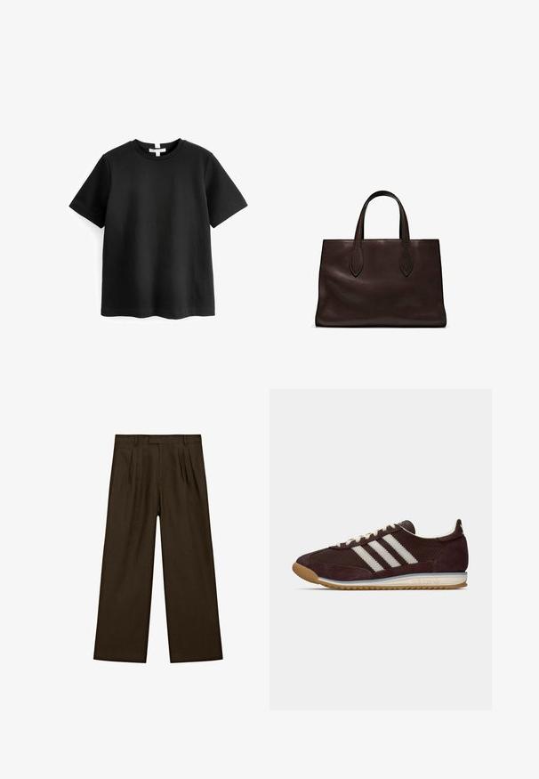 Sort kortærmet t-shirt lavet af glat bomuld, med rund halsudskæring og en lige afskæring. Enkel, minimal design uden mønstre.; Brune linnedragter med en afslappet pasform, der har forknytte, flad talje og brede, lige ben for en moderne silhuet.; Lavprofil mørk burgunder Adidas sneakers med hvide striber, cremefarvede snørebånd og gummitalje, set fra siden på neutral baggrund.; Brun læder tote bag med to forlængede håndtag, struktureret rektangulær form, glat overflade og subtile syninger.