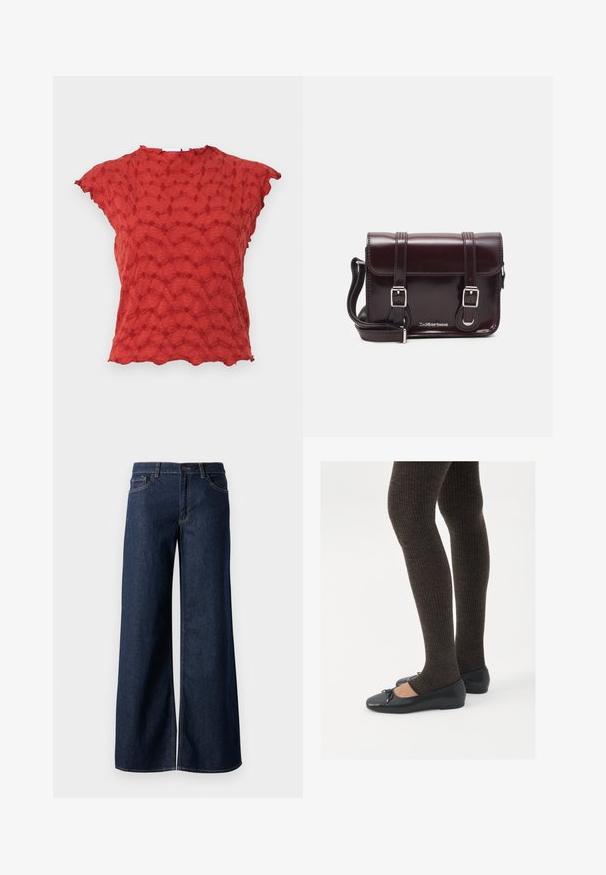 Raudonas apdaras, pagamintas iš tekstūruotos medžiagos, su banginiu raštu ir rankovėmis. Apskritimo kraštas prideda detalių, pagerindamas jo unikalų dizainą.; Plati kojinės džinsai tamsiai mėlynos džinsinės medžiagos. Yra kontrastingas siuvimo ornamentas, penkios kišenės ir užsegimas mygtuku juosmenyje. Lygus paviršius.; Juodos plokščios bateliai su maža kaspinėlio detale prie pirštų, derinami su tamsiai rudos spalvos raukšlėtomis pėdkelnėmis. Bateliai turi lygų paviršių ir žemą profilį.; Bordo lakinės odos krepšys per petį, stačiakampio formos, su dviem diržais, sidabrinėmis detalėmis ir užtraukiama kiautu.