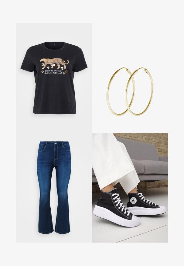 T-shirt in cotone nero con una grafica di un leopardo in oro e la scritta "RIMANI SELVAGGIO E LIBERO ma sii diverso" sottostante. Maniche corte, collo rotondo.; Jeans svasati blu scuro in denim, con design a cinque tasche, zip frontale con bottone e cuciture a contrasto lungo le cuciture.; Sneakers nere alte con suole e lacci in gomma bianca. Presentano una toppa con logo rotondo e cuciture a contrasto bianche. Materiale in tela.; Orecchini a cerchio in oro con un design liscio e arrotondato e una finitura lucida. Costruzione leggera con chiusura a scatto sicura.
