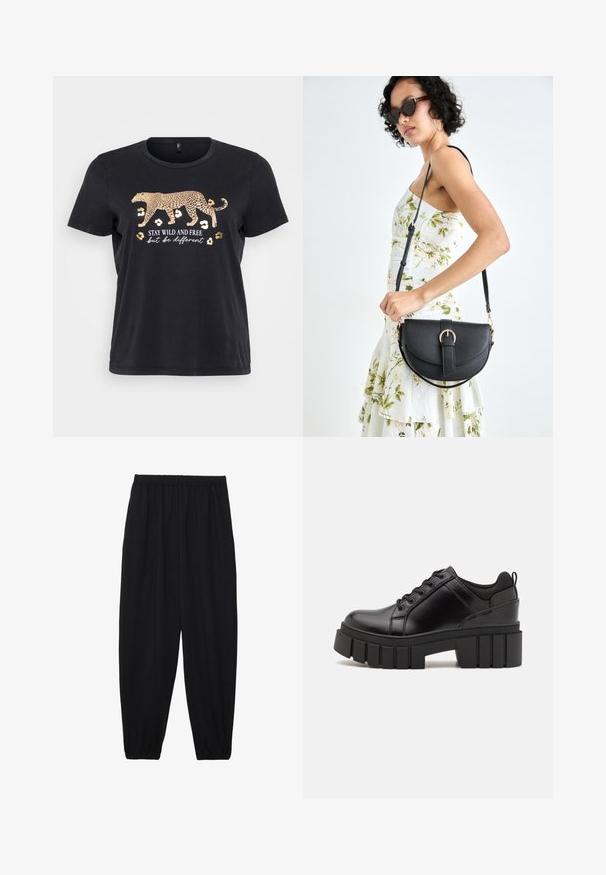 Melna kokvilnas T-krekls ar leopardu grafiku zelta krāsā un tekstu "PALIEC SAVĀ BRĪVĪBĀ UN SAVĀN VĒRDĀ", kas atrodas zem grafikas. Īsas piedurknes, apaļa apkakle.; Melnas, vieglas bikses ar elastīgu jostu un savilktiem potītiem. Audums ir gluds un to raksturo brīva, sašaurināta forma.; Melnas ādas platformas kurpes ar masīvu bloku papēdi, apaļu purngalu un tradicionālu saistīšanas dizainu. Izceļas ar gludu tekstūru un minimālu apdari.; Melnas ādas rokassoma ar izliekta formu, noņemamu siksnu un zelta aksesuāriem. Somai ir vāciņš ar sprādzes detaļu.