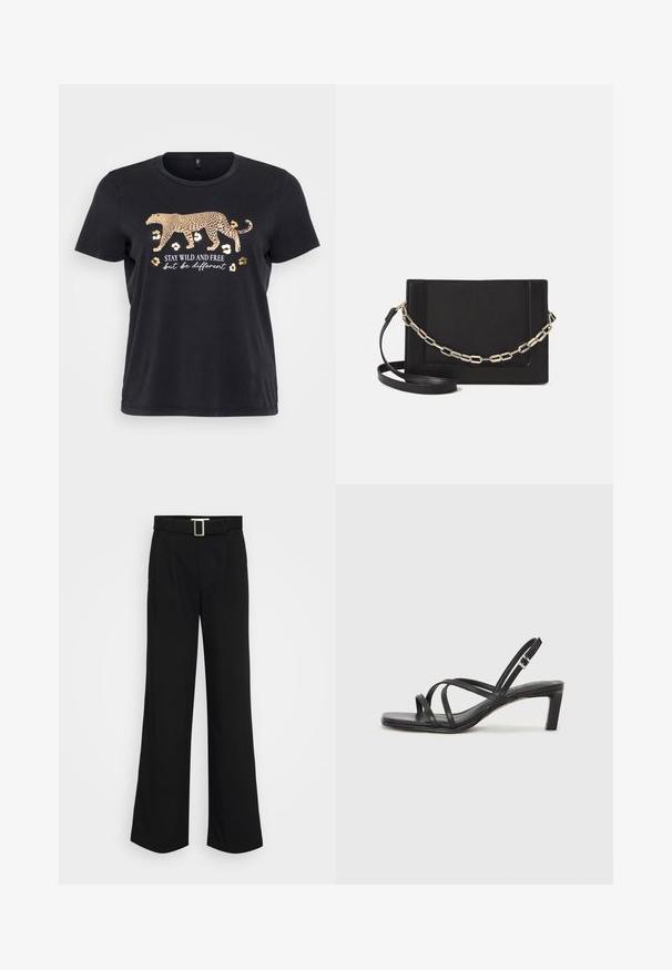 Sort bomulds T-shirt med et leopardgrafik i guld og teksten "STAY WILD AND FREE men vær anderledes" nedenfor. Korte ærmer, rund hals.; Sorte vide benbukser lavet af letvægtsstof, med en glat overflade, forfaldsplisseringer og et bælte med en firkantet metalspænde.; Sort remsandale med firkantet tå og en lav blokeret hæl. Har flere tynde stropper og en justerbar ankelrem. Fremstillet af glat læder.; Sort læder crossbody taske med en glat tekstur, rektangulær form og en metallisk kæde detalje foran. Justerbar skulderrem inkluderet.; Sølvring med dobbeltbånd og en glat, poleret overflade. Den har et flydende, buet design med overlappende sektioner for et moderne udtryk.
