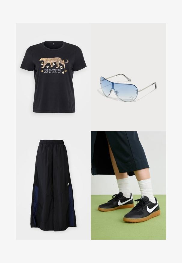 Schwarzes Baumwoll-T-Shirt mit einem Leoparden-Graphic in Gold und dem Text "BLEIB WILD UND FREI, aber sei anders" darunter. Kurze Ärmel, runder Hals.; Schwarze weit geschnittene Hose aus leichtem Stoff, mit einem dunkelblauen Seitenpanel und einem elastischen Bund. Kleines weißes Logo am unteren Ende.; Schwarze Leder- und synthetische Sneakers mit weißem Nike-Swoosh, Gummisohle, runder Spitze und schwarzen Schnürsenkeln. Gestreifte weiße Socken sind sichtbar.; Flugzeugbrille mit einem verlaufenden blauen Glase, silbernem Metallrahmen und dekorativen Sternelementen auf dem Glas. Glattes und elegantes Design.
